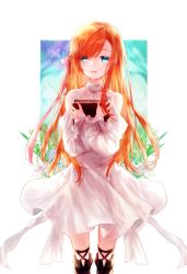 Rule 34 | 1girl, absurdres, blue eyes, book, boots, bow, dress, eyelashes, final fantasy, final fantasy xiv, flower, grass, hair bow, highres, holding, holding book, kohina27831, lace, leaf, light smile, long hair, looking at viewer, orange hair, parted lips, ryne waters, solo, very long hair, white background, white dress
