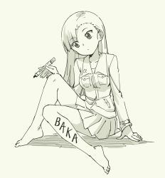 Rule 34 | 10s, 1girl, bare legs, barefoot, body writing, breast pocket, closed mouth, collared jacket, girls und panzer, grey background, greyscale, head tilt, holding, jacket, long hair, long sleeves, marker, monochrome, nishi kinuyo, pas (paxiti), pleated skirt, pocket, simple background, sitting, skirt, solo