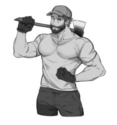 Rule 34 | 1boy, absurdres, alt text, arm hair, axe, bara, baseball cap, beard, chest hair, cropped legs, facial hair, flexing, gloves, greyscale, hat, highres, holding, holding axe, holmy (holmesdmode), large pectorals, looking at viewer, male focus, mature male, monochrome, muscular, muscular male, mustache, original, over shoulder, pants, pectoral cleavage, pectorals, shirt, short hair, smile, solo, tight clothes, tight shirt, weapon, weapon over shoulder, white background