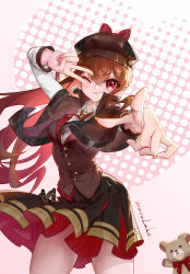 Rule 34 | 1girl, absurdres, artist name, black skirt, bow, brown capelet, brown hair, brown hat, brown jacket, capelet, chiharu (virtuareal), chinese commentary, hat, hat bow, highres, jacket, long hair, looking at viewer, neck ribbon, nijisanji, one eye closed, pink background, pointing, red bow, red eyes, red ribbon, ribbon, siviru luke, skirt, smile, solo, stuffed animal, stuffed toy, teddy bear, v, virtual youtuber, virtuareal