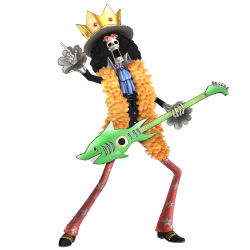 Rule 34 | 1boy, 3d, absurdres, afro, ascot, black hair, brook (one piece), crown, feather boa, full body, guitar, hat, highres, instrument, male focus, official art, one piece, one piece: pirate warriors, simple background, skeleton, solo, standing, sunglasses, white background
