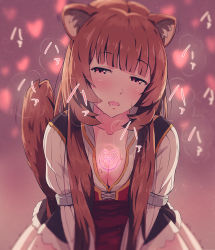 Rule 34 | 1girl, animal ears, asou (asabu202), blunt bangs, blush, breast tattoo, breasts, brown hair, cleavage, doggystyle, drooling, glowing tattoo, half-closed eyes, highres, implied sex, in heat, long hair, long sleeves, looking at viewer, medium breasts, open mouth, pink eyes, raccoon ears, raccoon girl, raccoon tail, raphtalia, sex, sex from behind, sitting, slave tattoo, solo, sweat, tail, tate no yuusha no nariagari, tattoo, tearing up, wariza