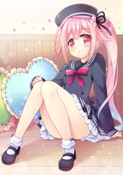 Rule 34 | 10s, 1girl, :o, arm at side, black footwear, black hat, black ribbon, blue hair, blush, bow, cherry blossoms, eyebrows, eyelashes, floral print, flower, frilled pillow, frills, full body, gradient hair, hair flower, hair ornament, hair ribbon, harusame (kancolle), hat, heart, heart-shaped pillow, kantai collection, long hair, long sleeves, looking at viewer, mary janes, miniskirt, multicolored hair, on floor, pillow, pink eyes, pink flower, pink hair, pleated skirt, red bow, revision, ribbon, ringo sui, school uniform, serafuku, shadow, shoes, side ponytail, sitting, skirt, socks, solo, two-tone hair, upskirt, very long hair, wall, white socks, wooden floor, wooden wall