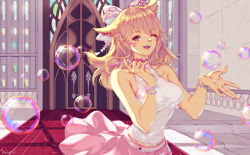 Rule 34 | animal ears, warrior of light (ff14), blonde hair, bow, bracelet, breasts, bubble, cat ears, cat tail, commission, cowboy shot, earrings, fangs, final fantasy, final fantasy xiv, hair bow, halterneck, highres, jewelry, long hair, looking at viewer, medium breasts, miqo&#039;te, one eye closed, open mouth, rain (ranqili), red eyes, skirt, sleeveless, solo, tail