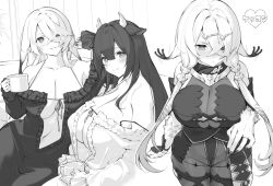 Rule 34 | 2girls, alternate costume, animal ears, atelier (series), atelier ryza, atelier ryza 2, azur lane, bare shoulders, black nails, black nightgown, blush, bodystocking, breasts, cleavage, closed mouth, collarbone, commentary request, cow ears, cow girl, cow horns, cowboy shot, crossed bangs, cup, dual persona, fingernails, frilled nightgown, fur, hair between eyes, hair ornament, hair over one eye, hairclip, heart, heart-shaped pupils, heterochromia, holding, holding cup, horns, jewelry, kashino (azur lane), large breasts, lila decyrus, lila decyrus (moonlit encounter), long hair, looking at viewer, low twintails, monochrome, multiple girls, navel, nightgown, off shoulder, official alternate costume, parted lips, piwka, ring, sharp fingernails, sidelocks, sitting, smile, standing, stomach, symbol-shaped pupils, twintails, very long hair, wedding ring