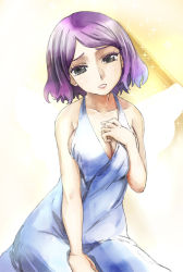 Rule 34 | 1girl, bare shoulders, blue dress, breasts, cleavage, dress, grey eyes, kototora, looking at viewer, open mouth, original, purple hair, short hair, solo, sparkle, yohane