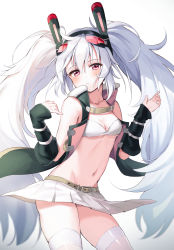 Rule 34 | 1girl, ahoge, animal ears, azur lane, bare shoulders, belt, belt buckle, bikini, bikini top only, bikini under clothes, black jacket, blurry, blush, breasts, buckle, cleavage, closed mouth, collarbone, commentary request, contrapposto, cowboy shot, depth of field, detached sleeves, expressionless, fake animal ears, groin, hair between eyes, hairband, hands up, head tilt, highres, jacket, kiyosato 0928, laffey (azur lane), laffey (retrofit) (azur lane), long hair, long sleeves, looking at viewer, miniskirt, navel, open clothes, open jacket, pleated skirt, rabbit ears, red eyes, remodel (azur lane), sidelocks, simple background, skirt, sleeves past wrists, small breasts, solo, standing, stomach, swimsuit, thighhighs, twintails, very long hair, white background, white bikini, white hair, white skirt, white thighhighs, wind, wind lift