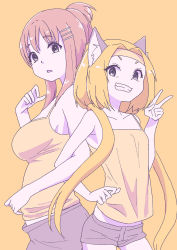 Rule 34 | 2girls, animal ears, breasts, cat ears, grin, hair ornament, hairclip, locked arms, long hair, looking at viewer, low twintails, meracle chamlotte, monochrome, multiple girls, open mouth, pants, shorts, simple background, smile, sophia esteed, star ocean, star ocean the last hope, star ocean till the end of time, twintails, v, yuiki wakana