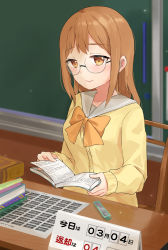 Rule 34 | 1girl, absurdres, artist name, artist request, blush, book, bow, bowtie, breasts, brown eyes, brown hair, chair, classroom, collarbone, desk, eyebrows, female focus, glasses, grey sailor collar, hair between eyes, highres, holding, holding book, indoors, kunikida hanamaru, light brown hair, long hair, long sleeves, looking at viewer, love live!, love live! sunshine!!, matching hair/eyes, on chair, orange bow, orange bowtie, parted lips, sailor collar, school uniform, sitting, sleeves past wrists, small breasts, smile, solo, sweater, sweater vest, table, upper body, uranohoshi school uniform, vest, yellow eyes, yellow sweater, yellow vest