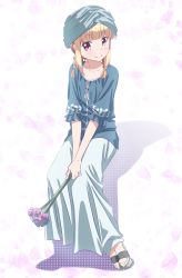 Rule 34 | 1girl, blonde hair, blue shirt, blue skirt, collarbone, flower, full body, headband, highres, holding, holding flower, iijima yun, invisible chair, long hair, long skirt, looking at viewer, new game!, polka dot, red eyes, shirt, sitting, skirt, smile, solo, white background