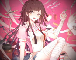 1girl, 2014, apron, bandage, bandaged arm, bandaged leg, bandages, bandaid, bangs, blue skirt, blunt bangs, blurry, blurry foreground, blush, bow, breasts, commentary request, danganronpa (series), danganronpa 2: goodbye despair, depth of field, hand up, happy birthday, holding, holding syringe, long hair, looking at viewer, medium breasts, mole, mole under eye, nurse, open mouth, pill bottle, pink background, pink shirt, puffy short sleeves, puffy sleeves, purple hair, shirt, short sleeves, sitting, skirt, smile, solo, syringe, tagme, tsumiki mikan, upper teeth, white background, xsinon
