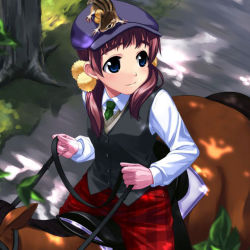 Rule 34 | 1girl, aq interactive, arcana heart, atlus, blue eyes, brown hair, cropped, dappled sunlight, examu, eyebrows, fiona mayfield, gloves, hair bobbles, hair ornament, hat, horse, horseback riding, long hair, necktie, official art, pants, riding, saddle, shade, shirt, sleeveless, solo, squirrel, sunlight, twintails, v-neck