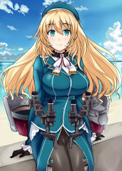 Rule 34 | 10s, 1girl, aqua eyes, atago (kancolle), beach, beret, black gloves, black pantyhose, blonde hair, blush, breasts, commentary request, cowboy shot, day, gloves, hai ookami, hat, highres, kantai collection, large breasts, long hair, machinery, military, military uniform, pantyhose, smile, solo, uniform