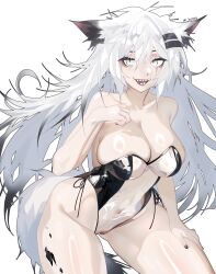 1girl absurdres animal_ear_fluff animal_ears arknights breasts commentary grey_eyes grey_tail hair_ornament hairclip highres lappland_(arknights) looking_at_viewer material_growth ohkurrva originium_arts_(arknights) oripathy_lesion_(arknights) penguin_logistics_(arknights) scar scar_across_eye scar_on_face see-through_clothes smile solo tail white_background wolf_ears wolf_girl wolf_tail