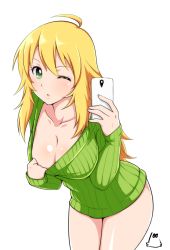 Rule 34 | 1girl, ahoge, blonde hair, breasts, cellphone, cleavage, cleavage reach, clothes pull, female focus, green eyes, hoshii miki, idolmaster, idolmaster (classic), jabara tornado, large breasts, leaning forward, long hair, looking at viewer, no pants, one eye closed, phone, selfie, shirt pull, simple background, smartphone, solo