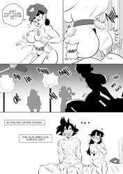 Rule 34 | 1boy, 1girl, abs, absurdres, ass, black hair, blush, breasts, cleavage, couple, dragon ball, english text, female pubic hair, funsexydragonball, grabbing another&#039;s balls, highres, huge ass, husband and wife, large breasts, large penis, male pubic hair, muscular, muscular male, nipples, pectorals, penis, police, police uniform, policewoman, pubic hair, sex, sexually suggestive, sitting, sitting on person, speech bubble, squeezing testicles, testicles, thick thighs, thighs, touching another&#039;s chest, uncensored, uniform, vaginal