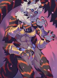 Rule 34 | 1girl, abs, animal ears, animal hands, armor, bikini armor, black sclera, blue tongue, claws, colored sclera, colored tongue, commentary, dark skin, english commentary, extra arms, extremely-nervess, eyeliner, highres, makeup, monster girl, open mouth, original, short hair, solo, striped fur, tail, thick thighs, thighs, vambraces, very long tail, white hair