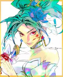 Rule 34 | 1girl, akali, asymmetrical bangs, asymmetrical hair, bare shoulders, blood, blood on face, blood on hands, blue flower, border, closed mouth, collarbone, crystal rose akali, dagger, detached sleeves, earrings, flower, green hair, hair flower, hair ornament, high ponytail, highres, holding, holding dagger, holding knife, holding weapon, jewelry, jian tai (cuoyu0), knife, kunai, league of legends, league of legends: wild rift, long hair, looking at viewer, ninja, official alternate costume, orange border, ponytail, red eyes, serious, signature, simple background, solo, upper body, weapon, white background