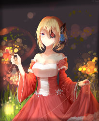 Rule 34 | 1girl, abstract background, absurdres, alternate costume, bad id, bad pixiv id, bare shoulders, blonde hair, blue eyes, breasts, cleavage, closed mouth, clothes lift, collarbone, cowboy shot, detached sleeves, dress, dress lift, eyelashes, eyepatch, floral print, flower, flower ornament, frilled sleeves, frills, hair between eyes, hair flower, hair ornament, hand up, highres, holding, lamp, light particles, lingmuqianyi, looking afar, looking away, one eye covered, prince of wales (warship girls r), red dress, short hair, smile, solo, warship girls r, wide sleeves
