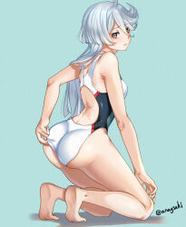 Rule 34 | 1girl, adjusting clothes, adjusting swimsuit, ahoge, aona (anagasaki), ass, barefoot, blue background, brown pantyhose, competition swimsuit, from behind, grey hair, gundam, gundam suisei no majo, hair between eyes, highres, kneeling, long hair, looking at viewer, miorine rembran, multicolored clothes, multicolored swimsuit, one-piece swimsuit, pantyhose, solo, swept bangs, swimsuit, twitter username, white one-piece swimsuit