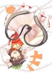 Rule 34 | 1girl, animal ears, bloomers, blush, brown eyes, brown hair, cat ears, cat tail, chen, dress, earrings, fang, fingernails, green hat, hat, highres, jewelry, kuma xylocopa, long fingernails, mob cap, multiple tails, nail polish, one eye closed, open mouth, red dress, red nails, sharp fingernails, short hair, single earring, smile, solo, tail, touhou, two tails, underwear, white bloomers