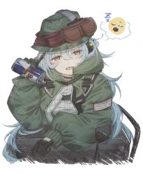 Rule 34 | 1girl, black gloves, blue hair, blush stickers, can, character name, commentary request, emoji, empty, eyebrows visible through hat, g11 (girls&#039; frontline), g11 (mod3) (girls&#039; frontline), girls&#039; frontline, gloves, goggles, goggles on head, green jacket, hair between eyes, hat, highres, jacket, looking at viewer, mod3 (girls&#039; frontline), rabb horn, red bull, simple background, solo, spoken emoji, tongue, white background, yellow eyes, zzz