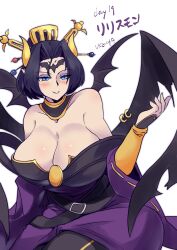 Rule 34 | 1girl, black hair, blue eyes, blush, breasts, cleavage, closed mouth, demon, demon girl, digimon, digimon (creature), eyebrows, eyeshadow, facial mark, fallen angel, female focus, fingernails, forehead mark, hair intakes, hair ornament, half-closed eyes, highres, horns, large breasts, lilithmon, lips, lipstick, makeup, mark of evil, nail polish, pointy ears, purple eyeshadow, purple lips, purple nails, short hair, simple background, slit pupils, smile, solo, wings