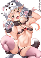 Rule 34 | +++, 1girl, :d, animal hands, animal hood, black bra, black panties, blonde hair, blush, bra, breasts, ebifurya, fang, gloves, hair ornament, hairclip, highres, hood, kantai collection, long hair, navel, open mouth, panties, paw gloves, pink thighhighs, red eyes, simple background, small breasts, smile, solo, thighhighs, twitter username, underwear, white background, wolf hood, wolf paws, yuudachi (kancolle), yuudachi kai ni (kancolle)