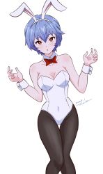 Rule 34 | 1girl, absurdres, animal ears, ayanami rei, bare shoulders, blue hair, bow, bowtie, breasts, bright pupils, covered navel, detached collar, fake animal ears, highres, knees together feet apart, leotard, looking at viewer, medium breasts, neon genesis evangelion, pantyhose, playboy bunny, rabbit ears, red eyes, short hair, solo, strapless, strapless leotard, tsunemoku, white background, white leotard, white pupils, wrist cuffs