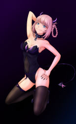 Rule 34 | 1girl, absurdres, aoikito lavender086, armpits, black background, black thighhighs, blue eyes, breasts, chain, cleavage, collar, covered navel, demon horns, demon tail, gluteal fold, gradient background, groin, hair rings, hand on own hip, highres, horns, leotard, looking at viewer, medium breasts, nanakusa nazuna (yofukashi no uta), pink hair, purple background, signature, smile, solo, spiked collar, spikes, strapless, strapless leotard, tail, thighhighs, thighs, vampire, yofukashi no uta