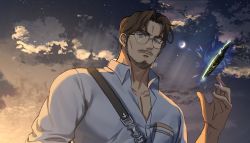 Rule 34 | 1boy, bara, blue eyes, brk 603, character request, closed mouth, commentary request, facial hair, glasses, long sideburns, male focus, mature male, muscular, muscular male, original, pectoral cleavage, pectorals, shirt, short hair, sideburns, solo, strap, thick eyebrows, white shirt