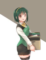 Rule 34 | 1girl, absurdres, black skirt, black thighhighs, blush, bob cut, bow, bowtie, brown eyes, commentary, cowboy shot, cropped legs, dress shirt, file cabinet, from side, green hair, green vest, hairband, highres, holding, idolmaster, idolmaster (classic), idolmaster cinderella girls, kamille (vcx68), long sleeves, looking at viewer, miniskirt, mole, mole under mouth, office lady, open mouth, otonashi kotori, pencil skirt, shirt, short hair, skirt, smile, solo, standing, sweatdrop, thighhighs, vest, white shirt, wing collar, yellow hairband