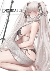 Rule 34 | 1girl, artist name, ass, azur lane, backless dress, backless outfit, bare shoulders, barefoot, black bra, black panties, blush, bra, breasts, character name, dishwasher1910, dress, formidable (azur lane), frilled dress, frills, grey hair, hair ribbon, halterneck, large breasts, long hair, looking at viewer, meme attire, open mouth, panties, red eyes, ribbed sweater, ribbon, seiza, sideboob, sitting, solo, sweater, sweater dress, turtleneck, turtleneck sweater, twintails, two-tone ribbon, underwear, very long hair, virgin killer sweater