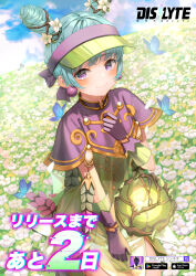 Rule 34 | 1girl, absurdres, animal, blue hair, blue sky, bug, butterfly, capelet, character request, closed mouth, cloud, cloudy sky, commentary request, copyright name, day, dislyte, double bun, dress, field, flower, flower field, gloves, green dress, green hat, hair bun, hair flower, hair ornament, hand up, hat, highres, horizon, insect, looking at viewer, official art, outdoors, purple capelet, purple eyes, purple gloves, ruda (ruda e), sky, smile, solo, visor cap, white flower