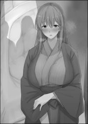 Rule 34 | 1girl, bad id, bad twitter id, blush, breasts, breath, greyscale, hair between eyes, highres, japanese clothes, kimono, large breasts, long hair, looking at viewer, mobu, monochrome, obi, open mouth, original, sash, shadow, silhouette, standing, wide sleeves