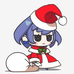 Rule 34 | 1girl, :|, blue hair, blush stickers, bow, bow earrings, capelet, chibi, closed mouth, dress, earrings, full body, hat, highres, holding, holding sack, hololive, hololive english, jewelry, loen, medium hair, meme, ouro kronii, padoru (meme), red capelet, red dress, sack, santa dress, santa hat, simple background, smol kronii, solo, virtual youtuber, white background