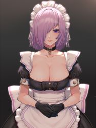 Rule 34 | 1girl, alternate costume, apron, black dress, blush, breasts, cleavage, dress, fate/grand order, fate (series), frilled dress, frills, hair over one eye, highres, large breasts, light purple hair, looking at viewer, maid, maid headdress, mash kyrielight, mikan (chipstar182), purple eyes, short hair, smile, waist apron, white apron