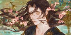 Rule 34 | 1boy, architecture, black hair, cherry blossoms, chinese clothes, code: kite, east asian architecture, hanfu, highres, light smile, light xk, liu bian, long hair, looking at viewer, male focus, parted bangs, solo, upper body