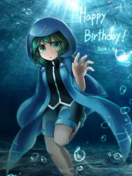 Rule 34 | 1other, androgynous, black shirt, blue coat, blue shorts, bubble, coat, commentary, dated, english text, green eyes, green hair, hand up, happy birthday, highres, hood, hood up, hooded coat, leg up, len&#039;en, long sleeves, medium hair, open clothes, open coat, other focus, parted lips, shirt, shitodo aoji, shorts, solo, underwear, websci 3357, wide sleeves