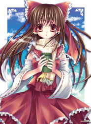 Rule 34 | 1girl, bad id, bad pixiv id, brown eyes, brown hair, detached sleeves, drink, female focus, hakurei reimu, japanese clothes, long hair, miko, perfect cherry blossom, red eyes, ribbon, scarf, solo, sousouman, touhou