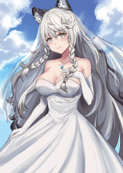 Rule 34 | 1girl, alternate costume, animal ear fluff, animal ears, arknights, bare shoulders, blue sky, blush, braid, breasts, bridal veil, chinese commentary, cleavage, cloud, collarbone, commentary request, cowboy shot, day, dress, elbow gloves, flower, gloves, grey eyes, hair between eyes, hair flower, hair ornament, hand on own chest, hand up, head tilt, jewelry, large breasts, leopard ears, long hair, looking at viewer, outdoors, pendant, pramanix (arknights), rose, silver hair, sky, smile, solo, standing, strapless, strapless dress, twin braids, veil, very long hair, wedding dress, white dress, white flower, white gloves, white rose, ying jing meng