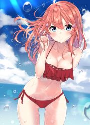 Rule 34 | 1girl, absurdres, ahoge, arm behind back, bare arms, bare shoulders, bikini, bird, blue eyes, blue sky, blush, breasts, cac itinose, cleavage, closed mouth, cloud, cloudy sky, collarbone, commentary request, cowboy shot, day, gluteal fold, go-toubun no hanayome, hair between eyes, hair ornament, hand in own hair, hand up, highres, horizon, long hair, looking at viewer, medium breasts, nakano itsuki, navel, ocean, outdoors, red bikini, red hair, revision, side-tie bikini bottom, sky, solo, star (symbol), star hair ornament, swimsuit, water, water drop, wet
