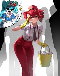 Rule 34 | absurdres, artist request, black eyes, breasts, bucket, condom, drill hair, gloves, hatsune miku, highres, holding, holding condom, hypnosis, jusaper, kasane teto, mesmerizer (vocaloid), mind control, necktie, pants, pinstripe pattern, red hair, red pants, red suspenders, sharp teeth, shirt, short sleeves, shoulder belt, smile, smiley hair ornament, striped clothes, striped shirt, synthesizer v, teeth, tongue, tongue out, twin drills, vocaloid, yellow gloves