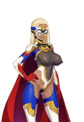 Rule 34 | 1girl, blue hair, breasts, butcha-u, cape, covered erect nipples, covered navel, dark-skinned female, dark skin, domino mask, feet out of frame, female focus, game cg, gloves, groin, hand on own hip, large breasts, legs, light blue hair, long hair, madam venom, mask, navel, navel piercing, original, piercing, red cape, sacrifice villains, see-through, simple background, solo, standing, tachi-e, thighhighs, thighs, transparent background