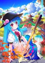 Rule 34 | 1girl, architecture, blue dress, blue hair, center frills, dress, east asian architecture, flaming sword, flaming weapon, floating island, food, frills, fruit, hat, highres, hinanawi tenshi, jellyfish, leaf, long hair, peach, planted, planted sword, planted weapon, pond, puffy short sleeves, puffy sleeves, rainbow order, red eyes, red ribbon, ribbon, short sleeves, smile, sword, sword of hisou, touhou, weapon, yuujin (yuzinn333)