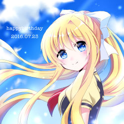 Rule 34 | 00s, 10s, 1girl, 2016, air (visual novel), blonde hair, blue eyes, blue sky, blue theme, cloud, daamiyan, dated, day, from side, hair ribbon, happy birthday, kamio misuzu, long hair, looking at viewer, outdoors, ponytail, ribbon, school uniform, sky, smile, solo