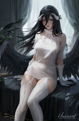 Rule 34 | 1girl, albedo (overlord), aran legwear, aran sweater, artist name, backlighting, bare shoulders, black hair, black wings, blanket, breasts, brown eyes, cable knit, closed mouth, curtains, elbow gloves, feathered wings, feet out of frame, garter straps, gloves, hair between eyes, horns, indoors, large breasts, lips, long hair, looking at viewer, low wings, meme attire, no pants, off shoulder, on bed, overlord (maruyama), panties, pantyshot, plant, potted plant, shirt, short sleeves, sitting, solo, sweater, sweater under shirt, thighhighs, turtleneck, turtleneck sweater, underwear, unravel page, very long hair, virgin destroyer sweater, white gloves, white panties, white shirt, white sweater, white thighhighs, wings