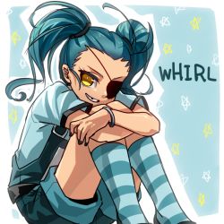 Rule 34 | 1girl, blue hair, eyepatch, personification, socks, solo, striped clothes, striped socks, the transformers (idw), transformers, twintails, whirl (transformers)