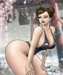 Rule 34 | 1girl, animated, ass, bent over, bouncing breasts, breasts, brown eyes, brown hair, capcom, chun-li, cleavage, double bun, earrings, hair bun, hair ribbon, hands on own thighs, iury padilha, jewelry, jiggle, large breasts, lipstick, looking back, lowres, makeup, one-piece swimsuit, ribbon, solo, street fighter, swimsuit, tagme, video