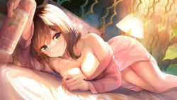 Rule 34 | 1girl, bed, bed sheet, blush, breasts, brown hair, can, cleavage, commentary request, drink can, green eyes, highres, holding, holding can, indoors, lamp, large breasts, looking at viewer, lying, maeshimashi, on bed, original, pink robe, robe, short hair, smile, soda can, solo